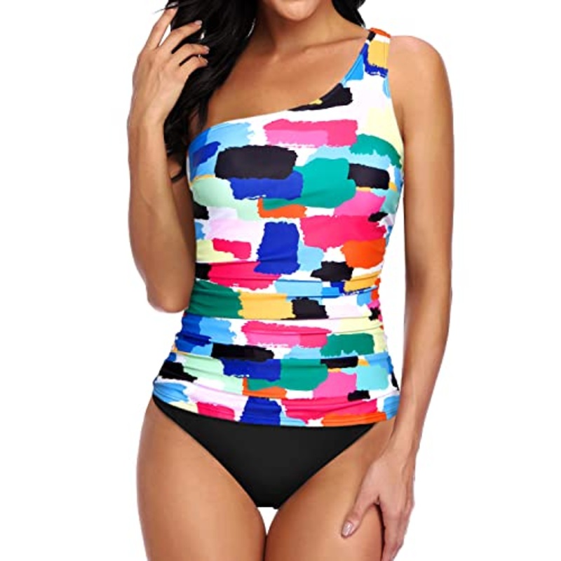 Flattering One Shoulder Tankini Top Bikini Bottoms For Young Mom-Aqua