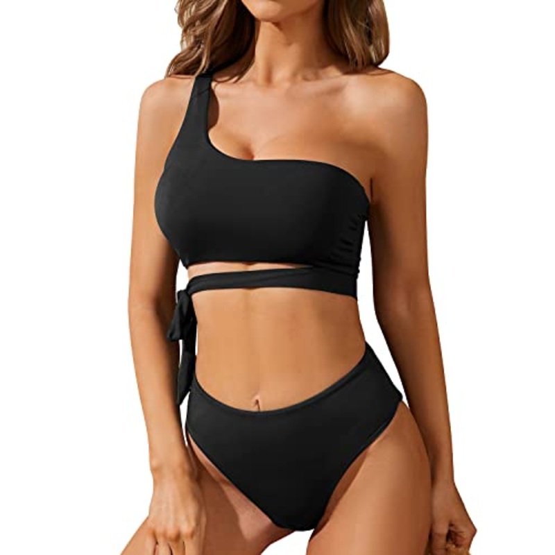 Flattering Two Piece Bandeau Top & Tie High Waisted Bikini Set-Black