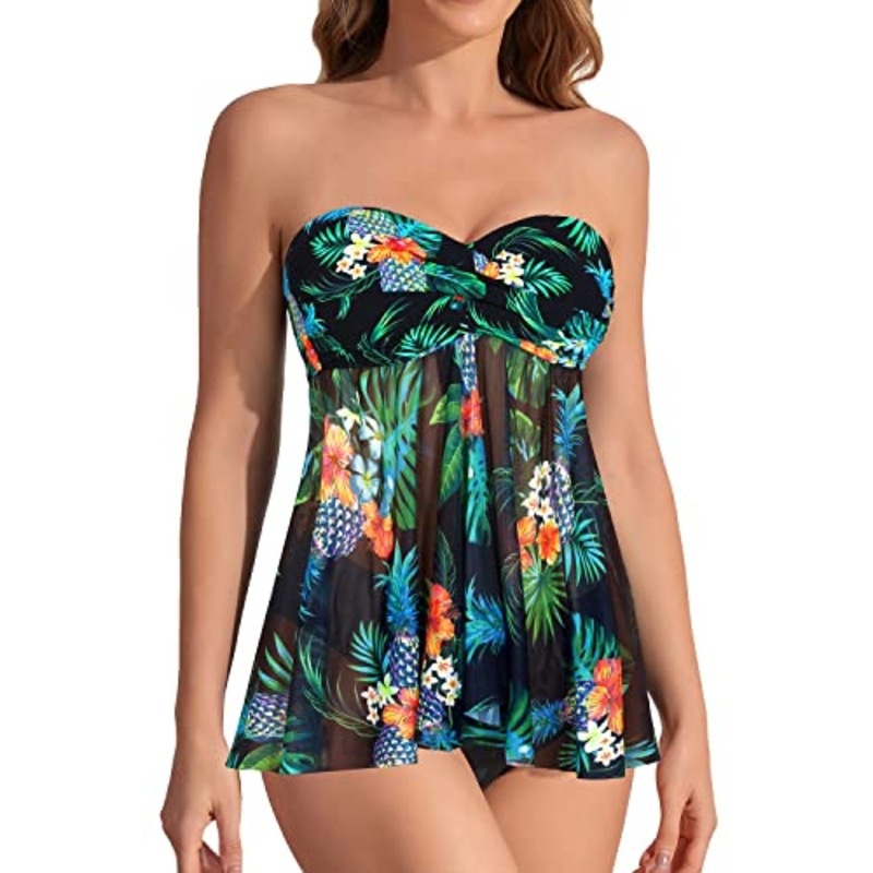 Flyaway Halter Bandeau Tankini For Women Mid Rise Bottoms-Black Pineapple