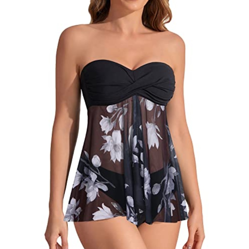 Halter Flyaway Tankini Set For Women Mid Rise Bikini Bottom-Black
