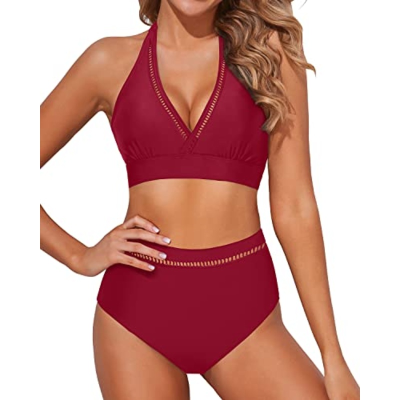 Halter Neck Padded Bra Bikini Two Piece Swimsuits For Women-Red