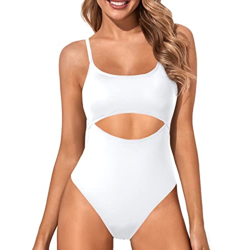 High Cut Scoop Neck Cutout One Piece Swimsuit For Women-White