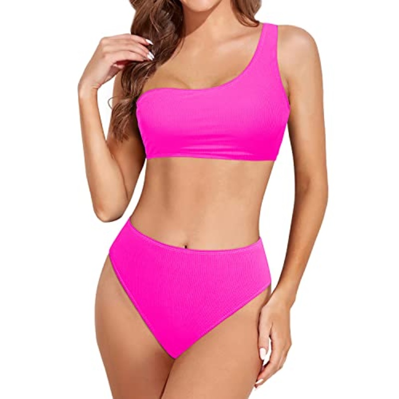 High Cut Two Piece Bikini One Shoulder For Women-Neon Pink