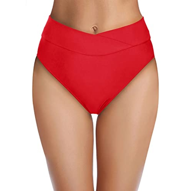 High Cut Women's Bikini Bottoms High-Rise Waist-Red