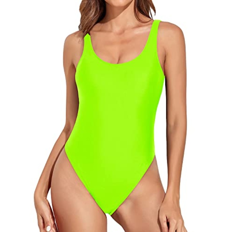 High Leg Sport Retro 80S High Cut One Piece Swimsuit-Neon Green