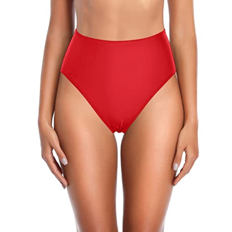 High Waisted Bikini Bottoms Tummy Control Swim Bottoms-Red