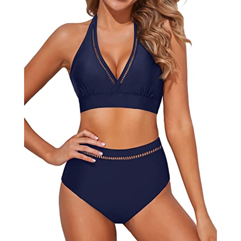 High Waisted Halter Bikini Padded Bra Two Piece Swimsuits-Navy Blue