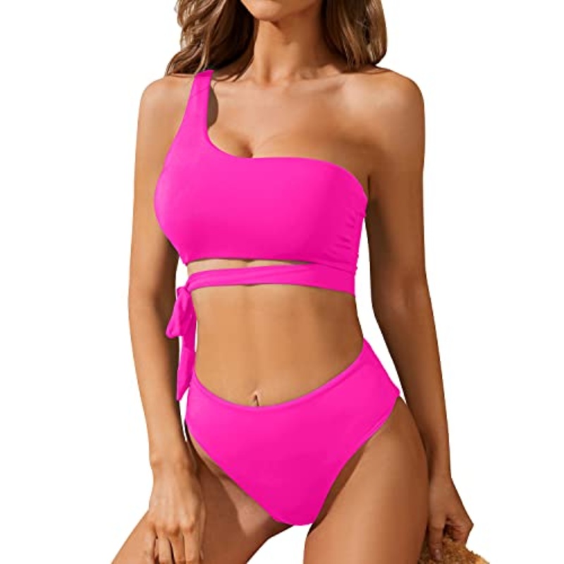 High Waisted Two Piece Bathing Suit Tie Bikini Set-Neon Pink