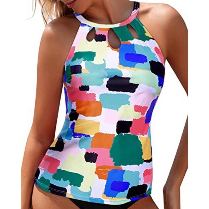Key Hole Swim Top Only Backless Swim Tank Top-Aqua