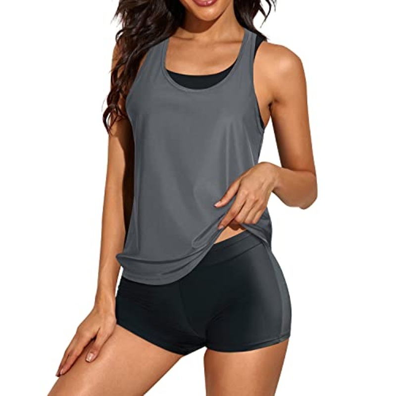 Modest 3 Piece Tankini Bathing Suit Boy Shorts For Women-Gray And Black