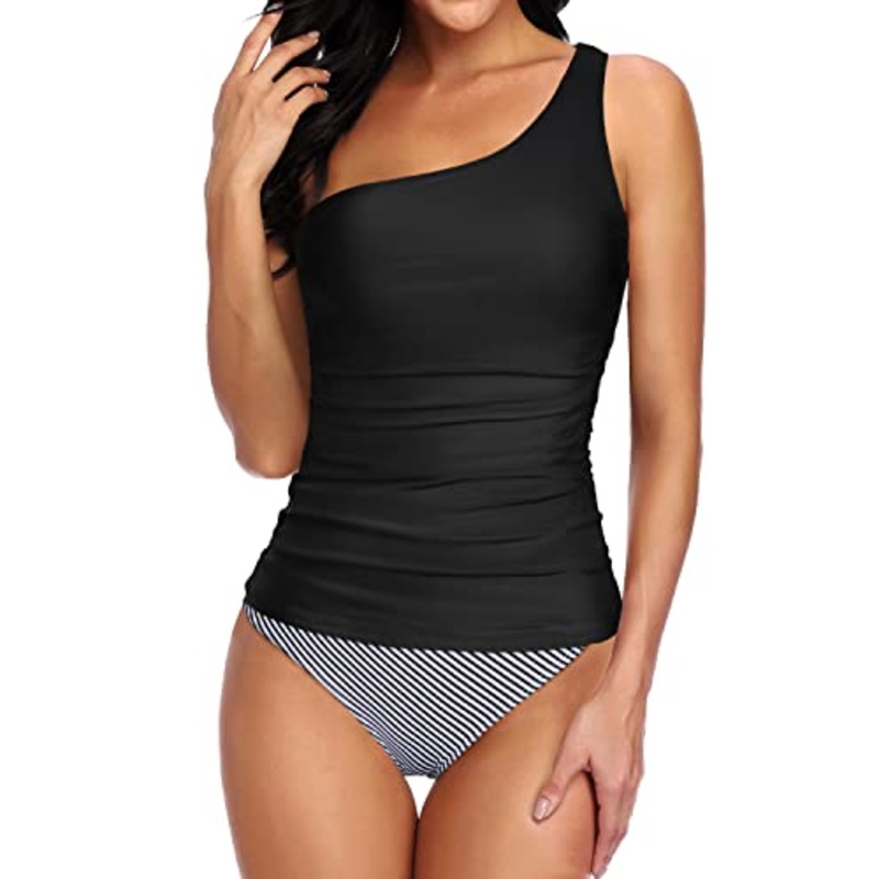 Modest Tummy Control One Shoulder Tankini Swimsuit For Ladies-Black Stripe
