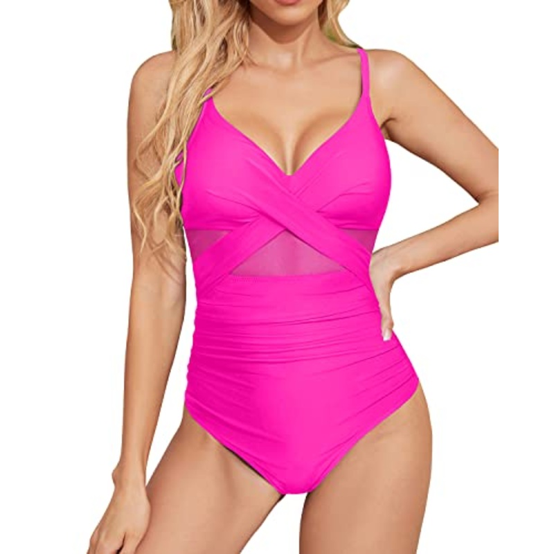 One Piece Cutout V Neck Push Up Tummy Control Swimwear For Women-Neon Pink