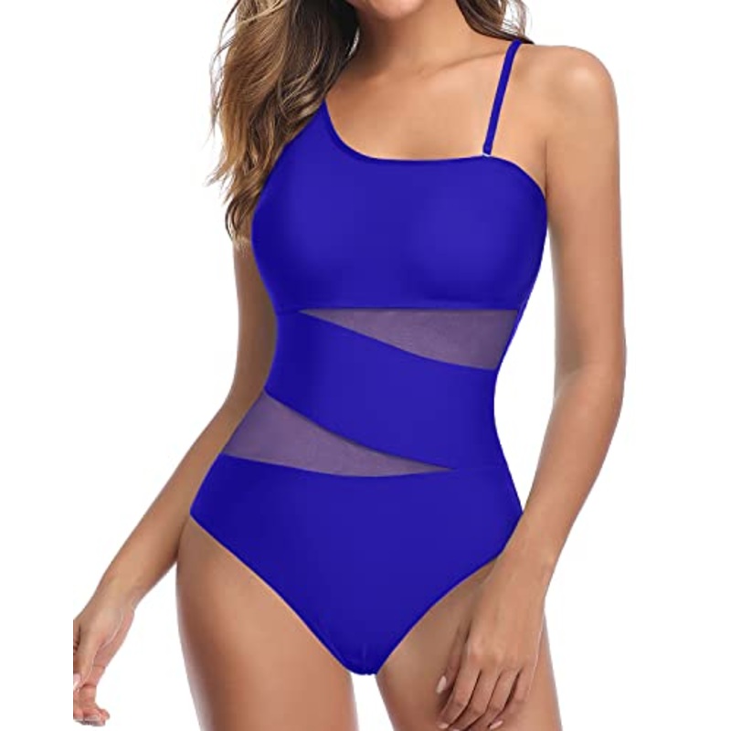 One Shoulder Full Coverage Mesh Tummy Control Swimsuits-Royal Blue