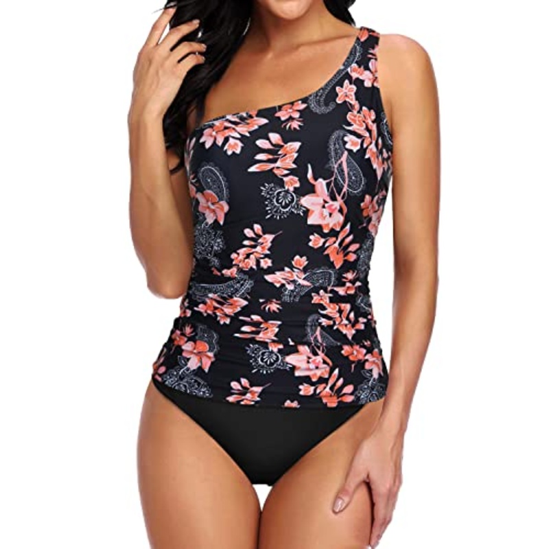 Padded Bra One Shoulder Tankini Top Bikini Bottoms-Black Pink Flower