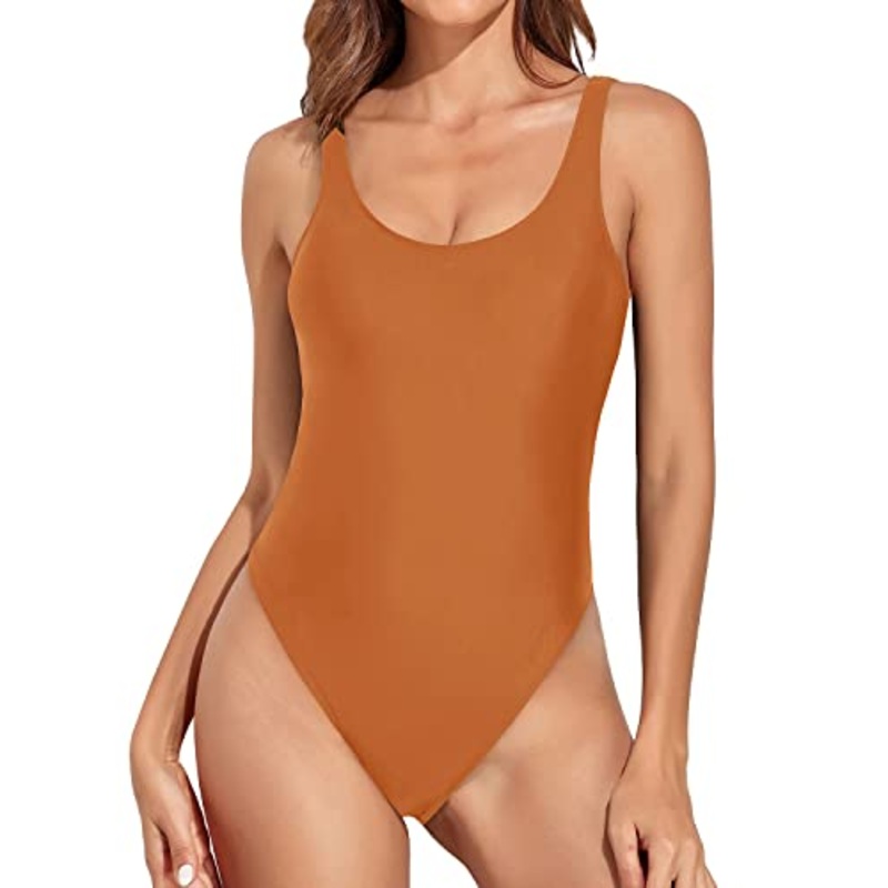 Push Up Bra Support Retro 80S High Cut One Piece Swimsuit-Dark Orange