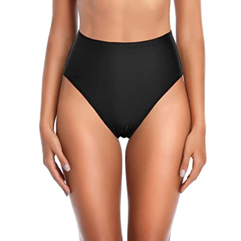 Retro High Cut Bikini Bottoms Tummy Control For Women-Black