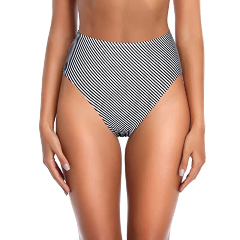 Ruched High Cut Bikini Bottoms Tummy Control For Women-Black And White Stripe