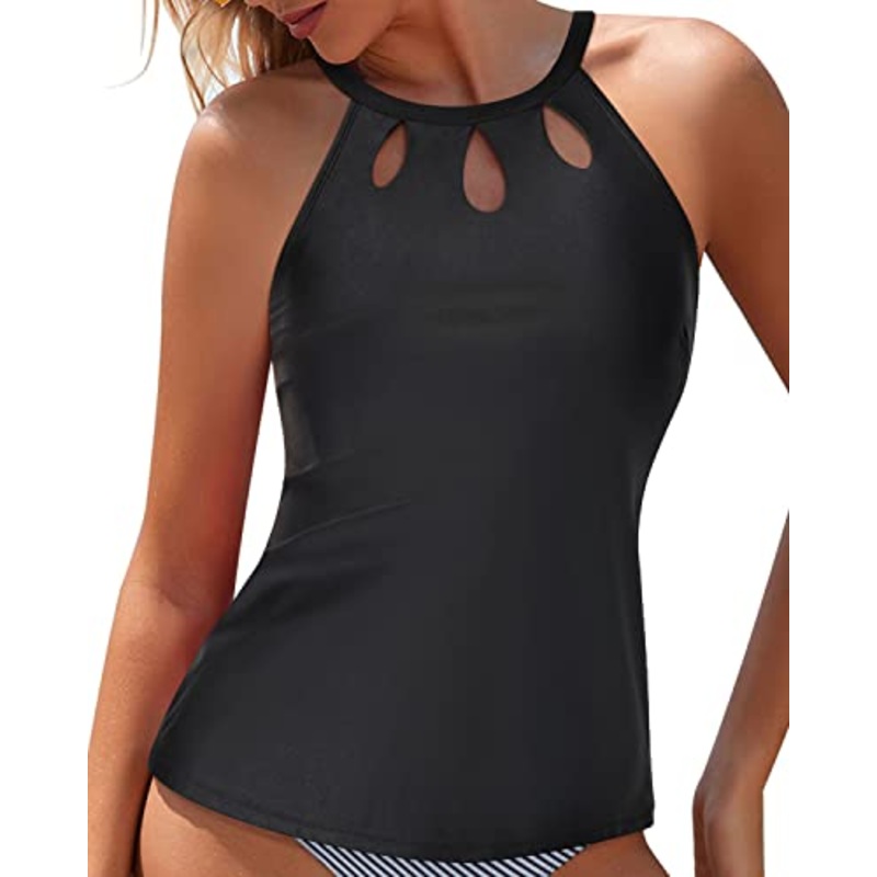 Sexy Backless Swim Tank Top High Neck Tankini Top-Black