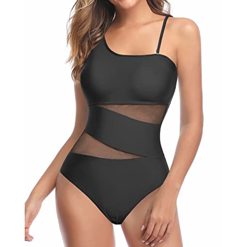 Sexy Cutout Mesh Inserts One Piece Swimsuit For Curvy Women-Black