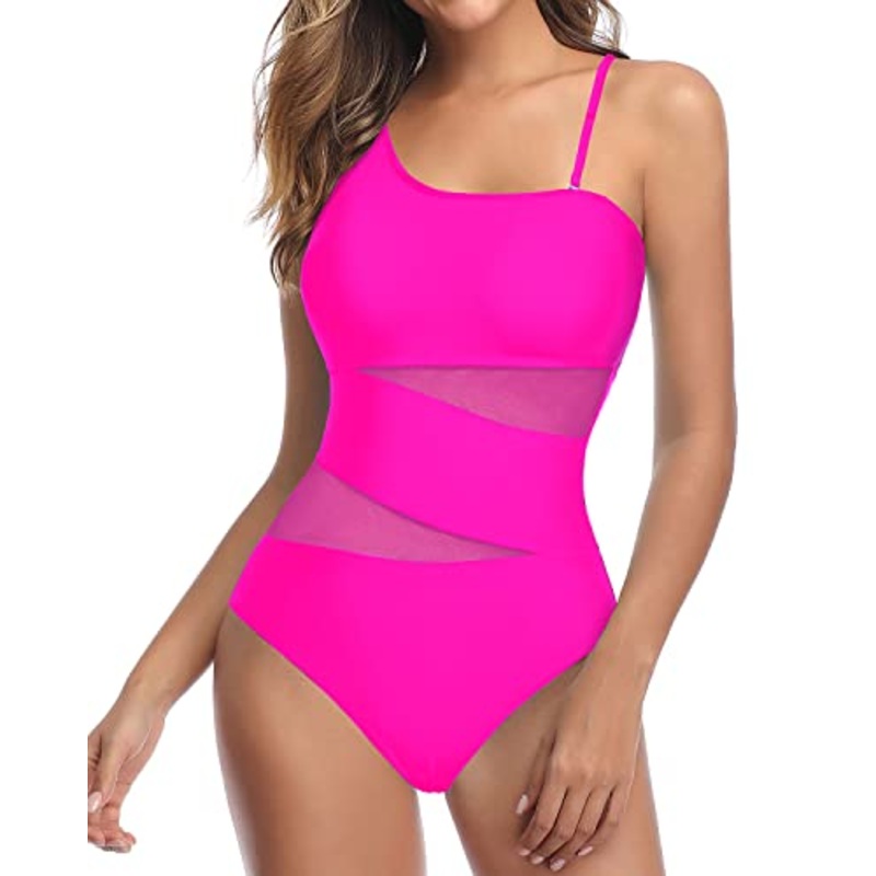 Sexy Cutout Mesh One Shoulder Swimsuit For Curvy Women-Neon Pink