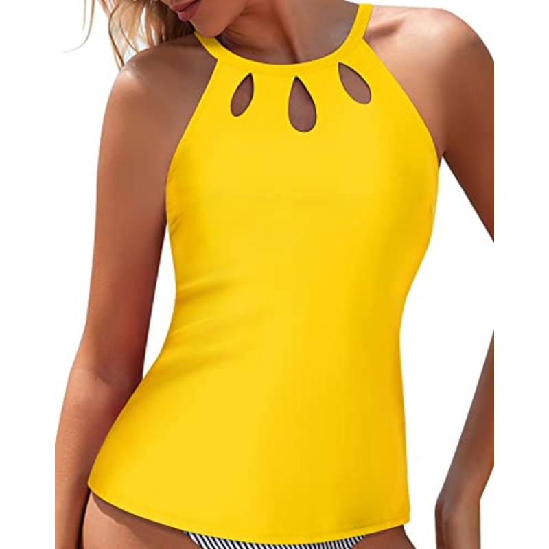 Sexy High Neck Tankini Top Halter Bathing Suit Tops-Neon Yellow