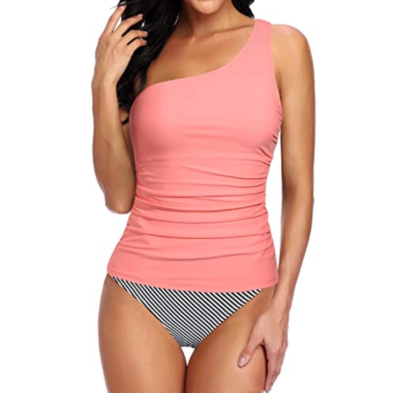 Slimming Swimming Suit For Women Tankini Two Piece-Coral Pink Stripe