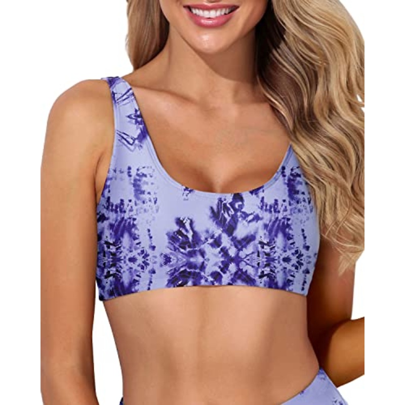 Sporty Tank Bikini Top Removable Pads For Women-Blue Tie Dye