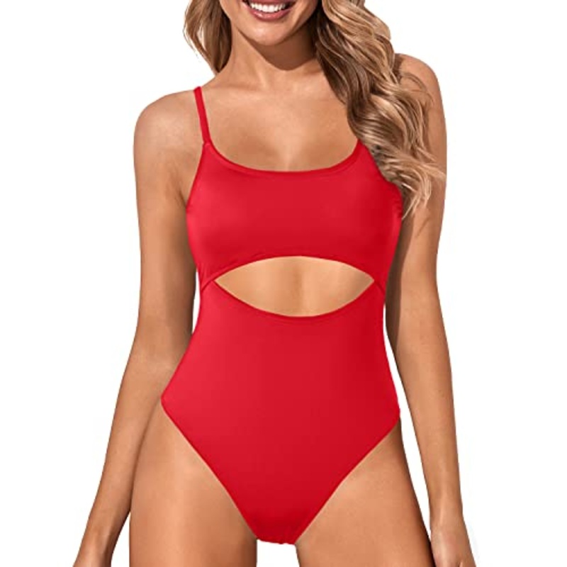 Strappy Cutout Lace Up One Piece Bathing Suit For Women-Red