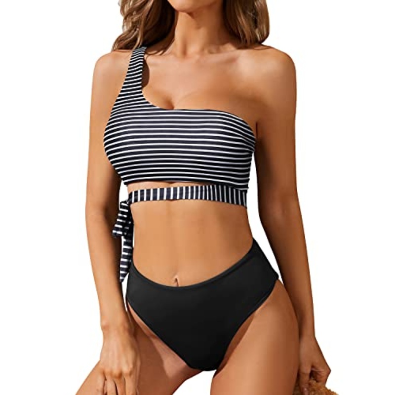 Stylish & Chic High Waisted Two Piece One Shoulder Bikini Set-Black And White Stripe