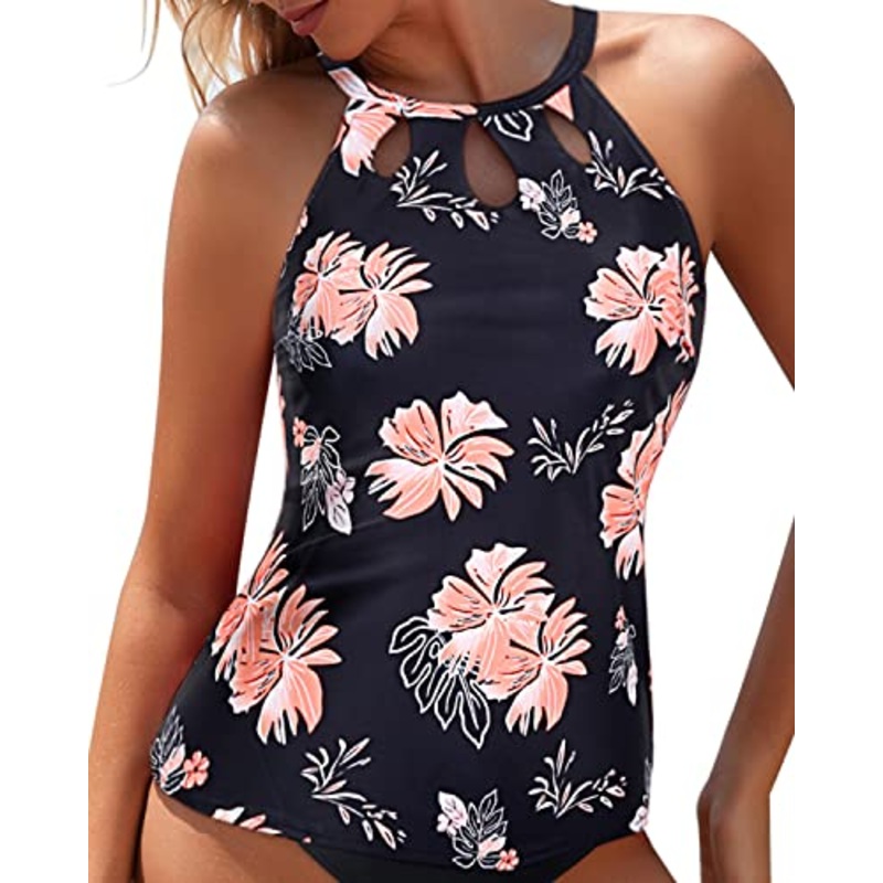 Stylish High Neck Tankini Top Halter Bathing Suit Tops-Black Orange Floral