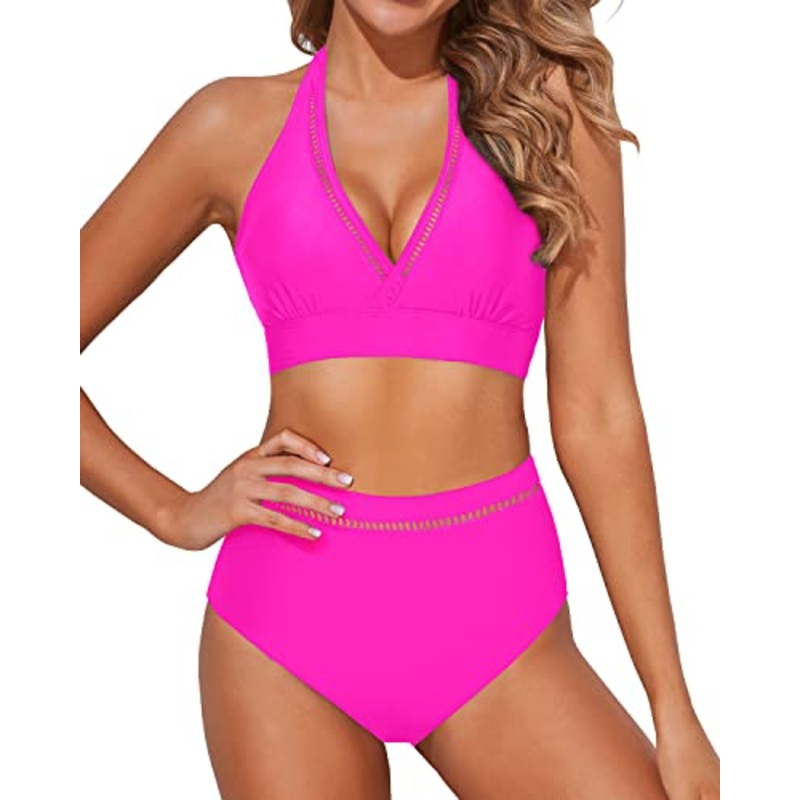 Stylish High Waisted Deep V Neck Two Piece Swimsuits For Summer-Neon Pink