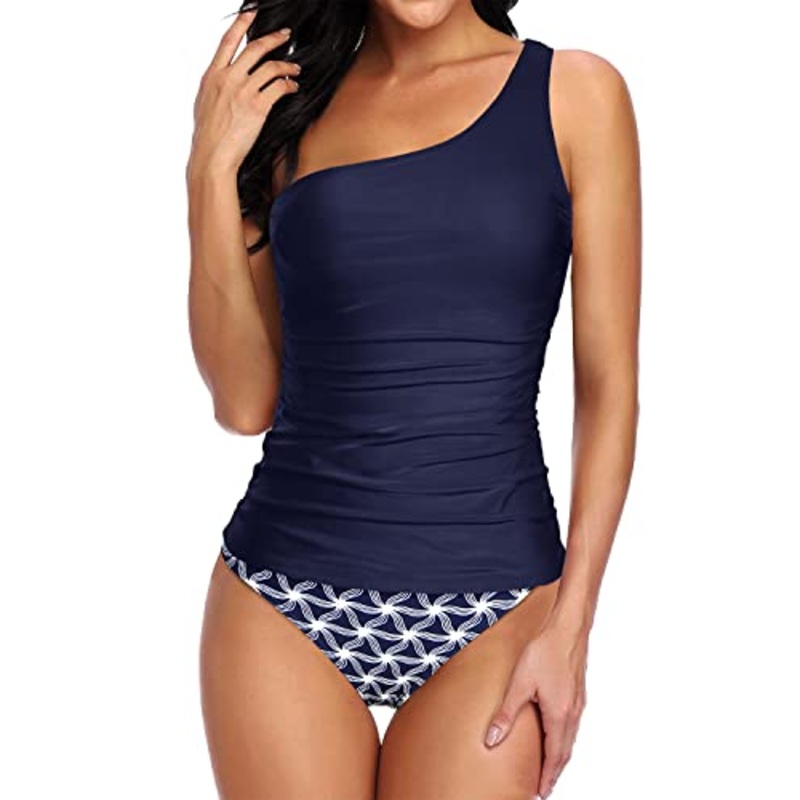 Stylish One Shoulder Tankini Set Swim Shorts For Women-Navy Blue Tribal
