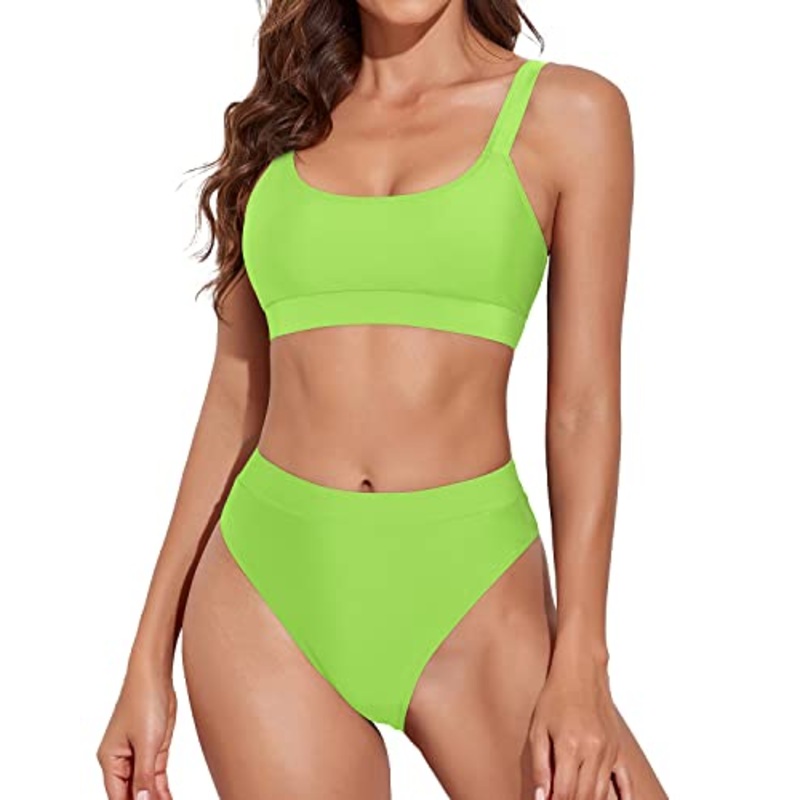 Teen Scoop Neck Sport Bathing Suits Sporty Scoop Neck Bikini-Neon Green