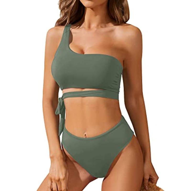 Trendy High Cut Two Piece One Shoulder Tie Waisted Bikini Set-Olive Green