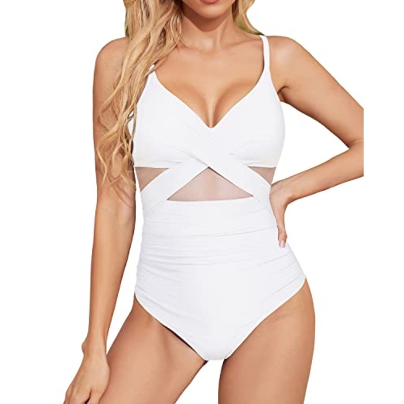 Tummy Control Cutout Mesh One Piece Bathing Suits For Women-White