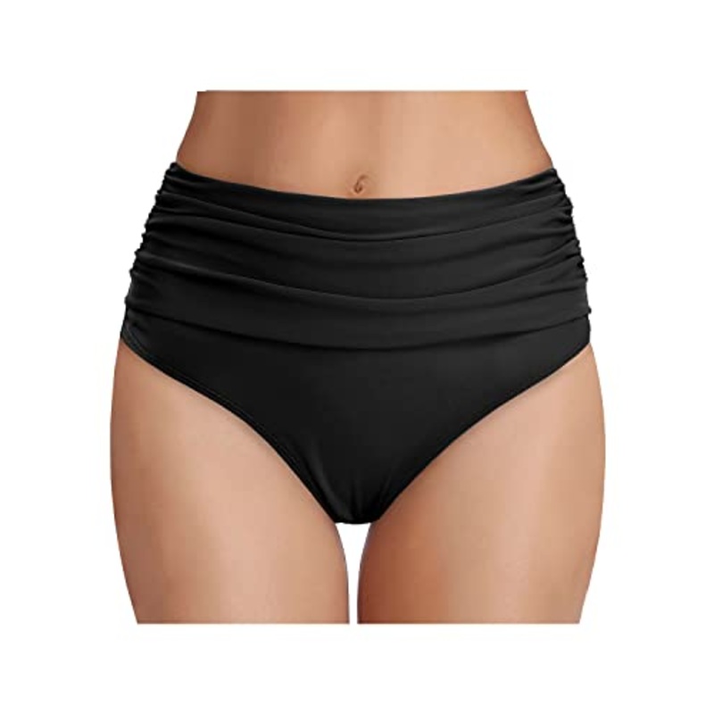 Tummy Control High Waisted Ruched Swim Shorts Bikini Bottom-Black