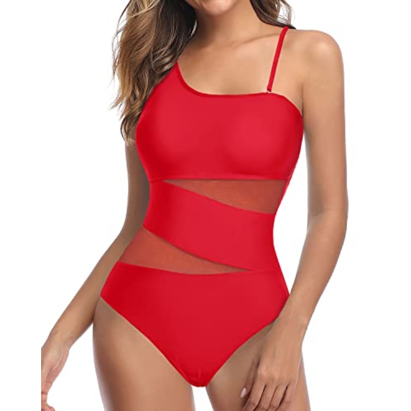 Tummy Control Mesh One Piece Swimsuit For Curvy Women-Red