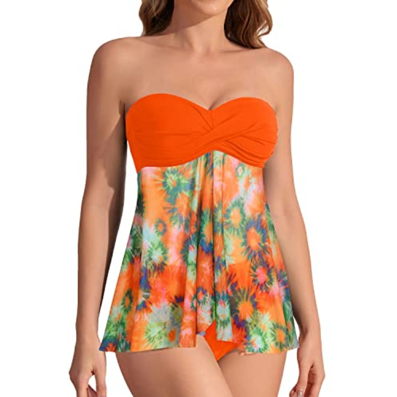 Two Piece Bandeau Tankini Flowy Flyaway Front For Womenr-Orange