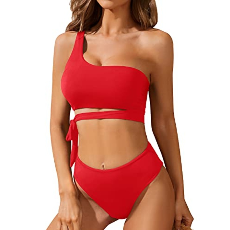 Two-Piece Ruched High Waisted One Shoulder Bikini Set-Red