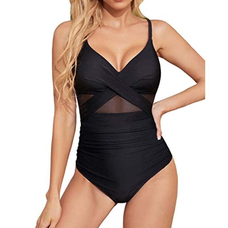 V Neck Cutout Push Up Tummy Control Women's One Piece Swimwear-Black