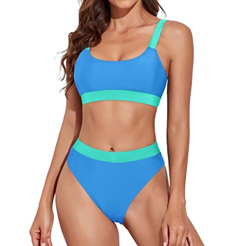 Women Adjustable Shoulder Strap Swimsuits Sporty Scoop Neck Bikini-Light Blue And Light Green
