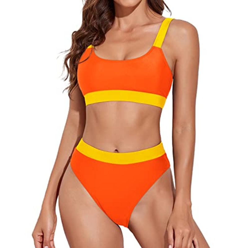 Women Cute Elastic Wide Band Design Sporty Scoop Neck Bikini-Orang Yellow