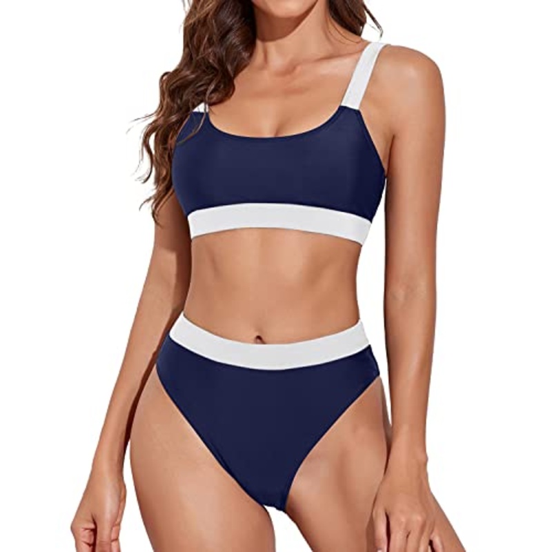 Women High Rise Athletic Bathing Suits Sporty Scoop Neck Bikini-Navy Blue And White