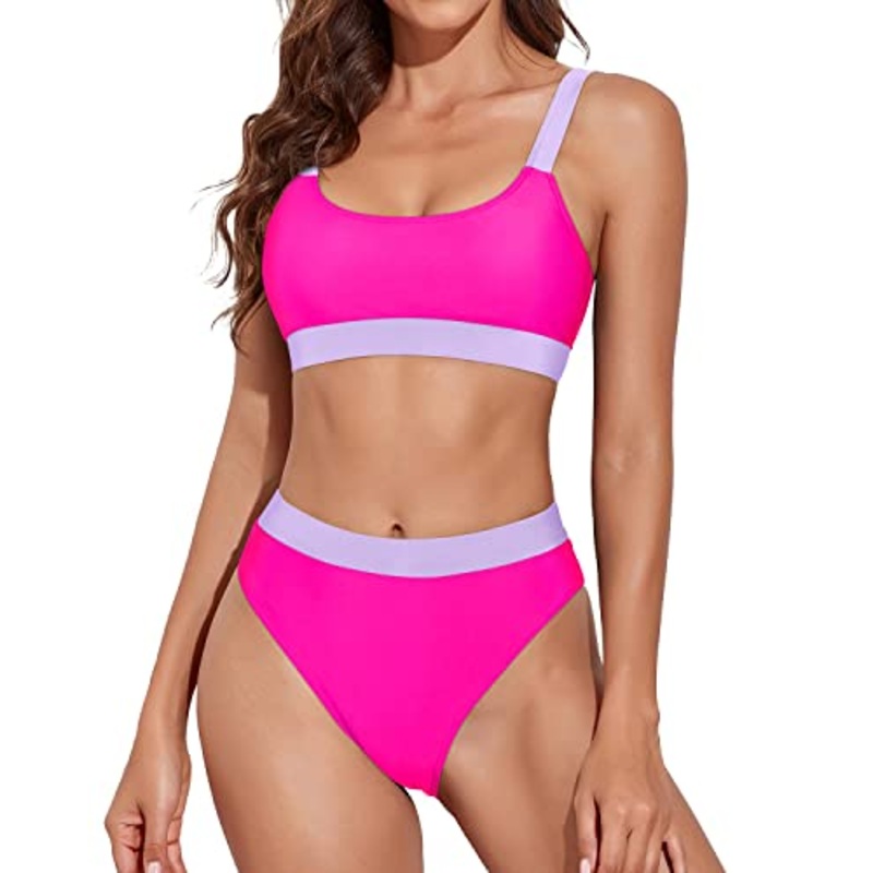Women High Waisted Bikini Bottoms Sporty Scoop Neck Bikini-Phosphor And Light Purple