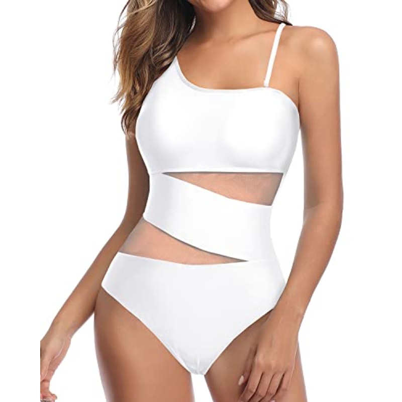 Women One Shoulder One Piece Mesh Tummy Control Swimsuits-White