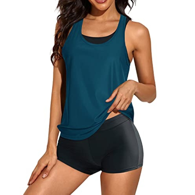 Women's 3 Piece Scoop Neck Criss Cross Tankini Swimsuits-Teal