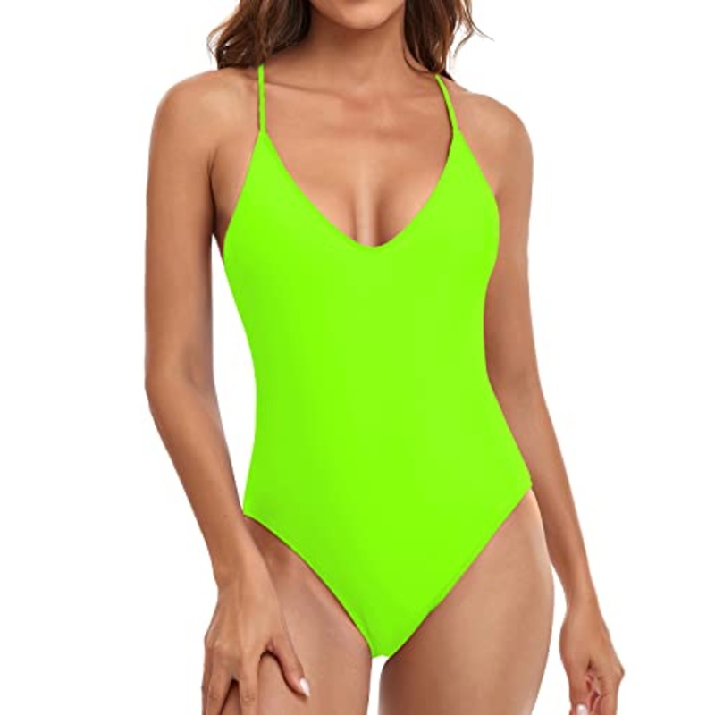 Women's Adjustable Crisscross Straps Sexy One Piece Swimsuits-Neon Green