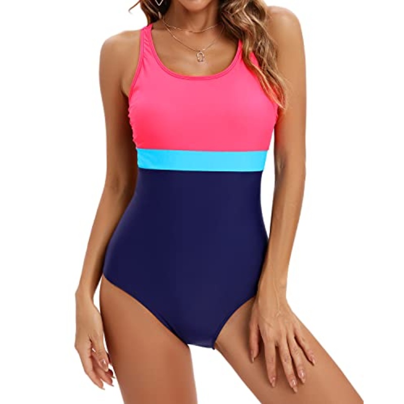 Women's Athletic Tummy Control Racerback One Piece Swimsuit-Pink Blue