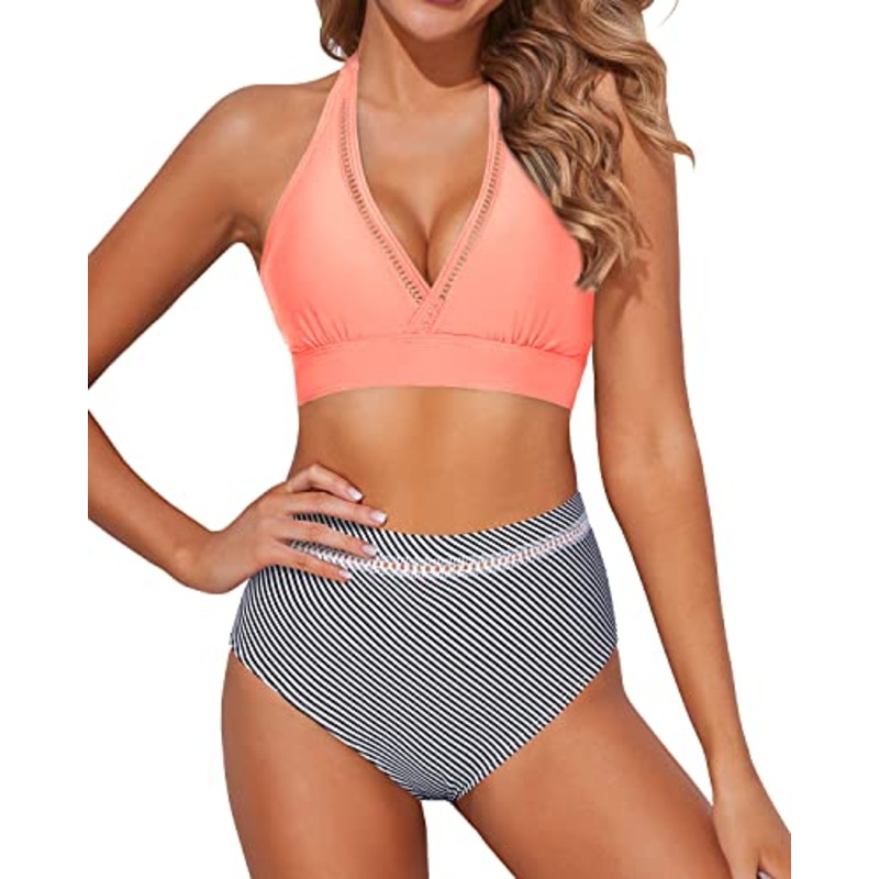 Women's Bikini Sets Halter Padded Bra Two Piece Swimsuits-Coral Pink Stripe