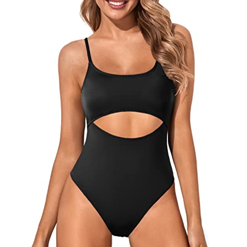 Women's Cutout Lace Up Strappy One Piece Swimsuit-Black